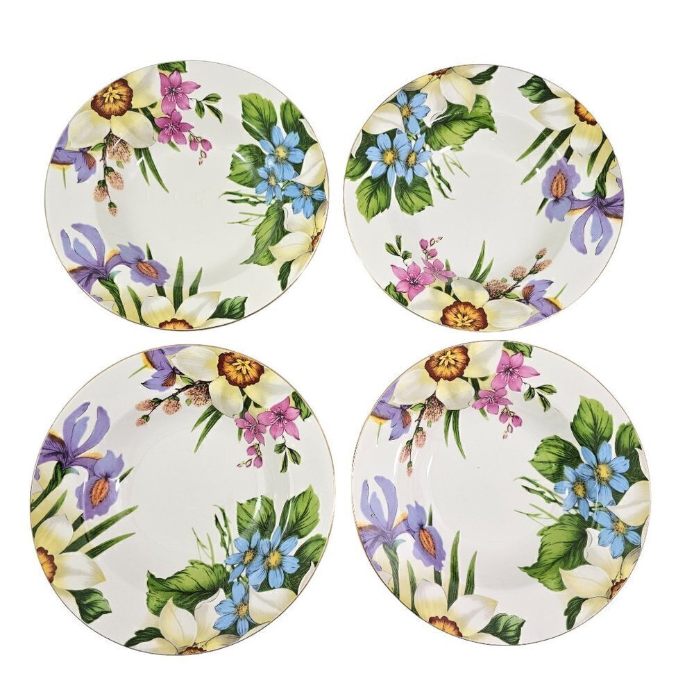 Emeiald White Floral Print Large Rimmed Ceramic Soup Salad Bowls – Set of 4